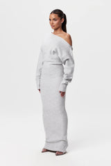 Damen Langärmliges Strick-Maxikleid mit Asymmetrischem Schulterausschnitt – Grau