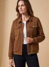 Johanna | Damen Langarm-Steppjacke mit Reißverschluss Brusttaschen Hemdkragen – Kaffee Braun