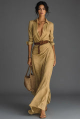 Hannah | Damen Langarm Wickel Maxi Kleid mit Gürtel – Khaki