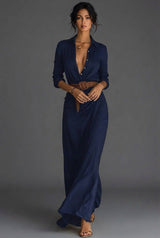 Hannah | Damen Langarm Wickel Maxi Kleid mit Gürtel – Marineblau