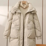 Damen Lange Steppjacke mit Stehkragen Verdecktem Reißverschluss Pattentaschen und Langen Ärmeln – Creme