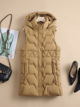 Lena | Damen Lange Steppweste mit Kapuze Taillierbare Bodywarmer Longweste – Khaki