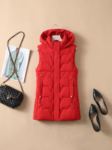 Lena | Damen Lange Steppweste mit Kapuze Taillierbare Bodywarmer Longweste – Rot