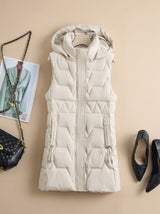 Lena | Damen Lange Steppweste mit Kapuze Taillierbare Bodywarmer Longweste – Offwhite