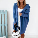 Damen lange Strickjacke mit Kapuze offener Front und strukturierten Bündchen – Blau