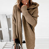 Damen lange Strickjacke mit Kapuze offener Front und strukturierten Bündchen – Khaki