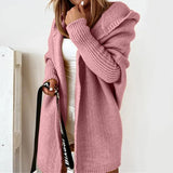 Damen lange Strickjacke mit Kapuze offener Front und strukturierten Bündchen – Rosa