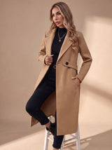 Katharina | Damen Langer Eleganter Wintermantel mit Revers und Seitentaschen – Khaki
