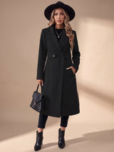 Katharina | Damen Langer Eleganter Wintermantel mit Revers und Seitentaschen – Schwarz
