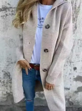 Emilia | Damen Langer Strickmantel Strickjacke mit Kapuze Knopfleiste – Beige