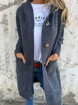 Emilia | Damen Langer Strickmantel Strickjacke mit Kapuze Knopfleiste – Grau