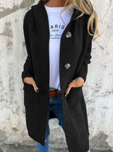 Emilia | Damen Langer Strickmantel Strickjacke mit Kapuze Knopfleiste – Schwarz
