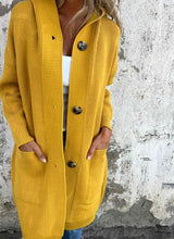 Emilia | Damen Langer Strickmantel Strickjacke mit Kapuze Knopfleiste – Gelb