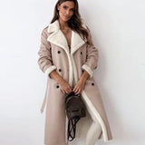 Elfriede | Damen Langer Wintermantel aus Lammfell Kunstleder Zweireihig – Beige