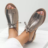 Frieda | Damen Leder Sandalen mit Riemen Metallic Schleife Offen – Sekt
