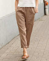 Lena | Damen Leinen-Baumwoll Harem-Hose mit Elastikbund – Khaki
