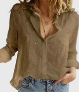 Frieda | Damen Leinen Bluse Knopfleiste Lapel Kragen Entspannt – Braun