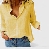 Frieda | Damen Leinen Bluse Knopfleiste Lapel Kragen Entspannt – Gelb