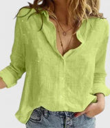 Frieda | Damen Leinen Bluse Knopfleiste Lapel Kragen Entspannt – Grün