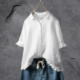 Charlotte | Damen Leinen Bluse Rüschen Ärmel Button-Down Locker – Weiß