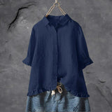 Charlotte | Damen Leinen Bluse Rüschen Ärmel Button-Down Locker – Marine
