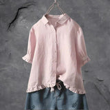 Charlotte | Damen Leinen Bluse Rüschen Ärmel Button-Down Locker – Hellrosa