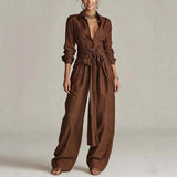 Charlotte | Damen Leinen Co-Ord Set Weite Hosen Hemdbluse – Kaffee