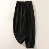 Hannah | Damen Leinen Hose Weiter Schnitt Elastischer Bund – Schwarz