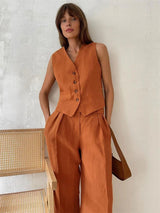 Luisa | Damen Leinen Hosenanzug Weste mit Plissee-Hose – Orange
