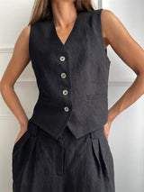 Luisa | Damen Leinen Hosenanzug Weste mit Plissee-Hose – Schwarz
