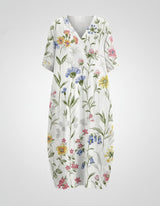 Greta | Damen Leinen Midi-Kleid V-Ausschnitt Blumenmuster Kurzarm – Weiß
