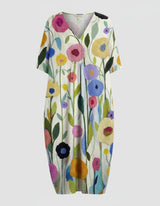 Greta | Damen Leinen Midi-Kleid V-Ausschnitt Blumenmuster Kurzarm – Bunte große Blume