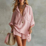 Charlotte | Damen Leinen Set Hemd Shorts Zweiteilig Sommer – Rosa