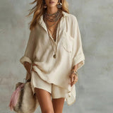 Charlotte | Damen Leinen Set Hemd Shorts Zweiteilig Sommer – Khaki