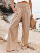 Amelie | Damen Leinen Wide-Leg Hose mit elastischem Smokbund – Beige