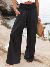 Amelie | Damen Leinen Wide-Leg Hose mit elastischem Smokbund – Schwarz
