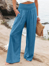 Amelie | Damen Leinen Wide-Leg Hose mit elastischem Smokbund – Blau
