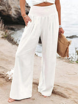 Amelie | Damen Leinen Wide-Leg Hose mit elastischem Smokbund – Weiß