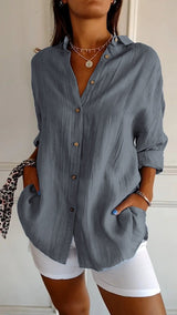 Nora | Damen Leinenbluse Oversized Button-Down Kragen Langarm – Grau