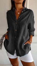 Nora | Damen Leinenbluse Oversized Button-Down Kragen Langarm – Schwarz