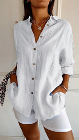 Nora | Damen Leinenbluse Oversized Button-Down Kragen Langarm – Weiß