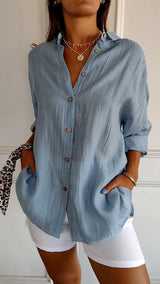 Nora | Damen Leinenbluse Oversized Button-Down Kragen Langarm – Stahlblau