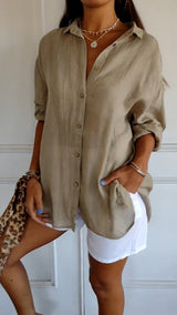 Nora | Damen Leinenbluse Oversized Button-Down Kragen Langarm – Khaki