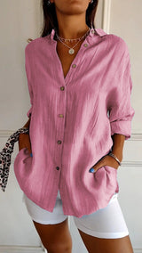 Nora | Damen Leinenbluse Oversized Button-Down Kragen Langarm – Rosa
