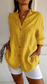Nora | Damen Leinenbluse Oversized Button-Down Kragen Langarm – Gelb