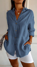 Nora | Damen Leinenbluse Oversized Button-Down Kragen Langarm – Dunkelblau
