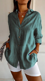 Nora | Damen Leinenbluse Oversized Button-Down Kragen Langarm – Blaugrünes Grün