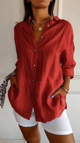 Nora | Damen Leinenbluse Oversized Button-Down Kragen Langarm – Rot