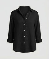 Annika | Damen Leinenstil Dreiviertelarm Klassische Bluse – Schwarz