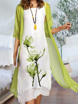 Nora | Damen Linen Midi Kleid mit Chiffon Cardigan Set – Hellgrün